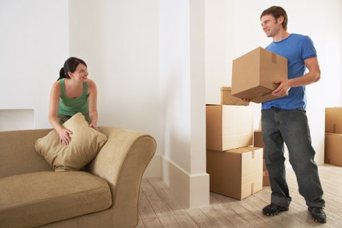 Professional movers carrying boxes during an urgent Wembley relocation