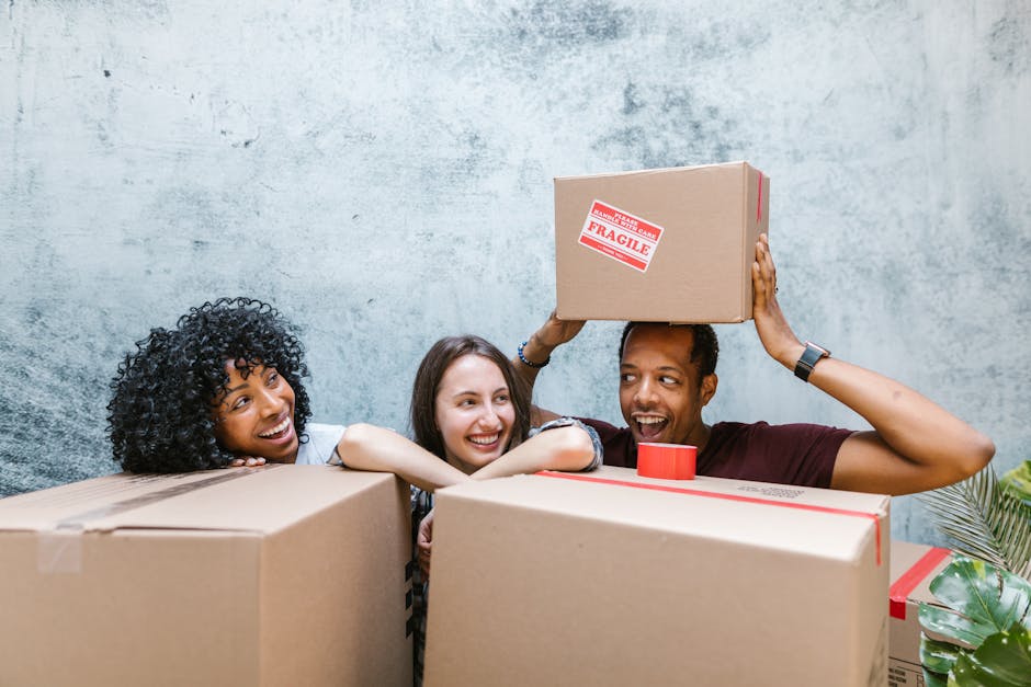Two movers from Man With a Van Wembley are inside a room with light-colored walls and wooden flooring, engaged in a home relocation process. One mover, with an afro hairstyle and beard, is holding a m